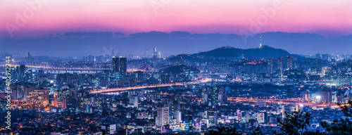 Seoul skyline at night with view of Namsan mountain and N Seoul Tower