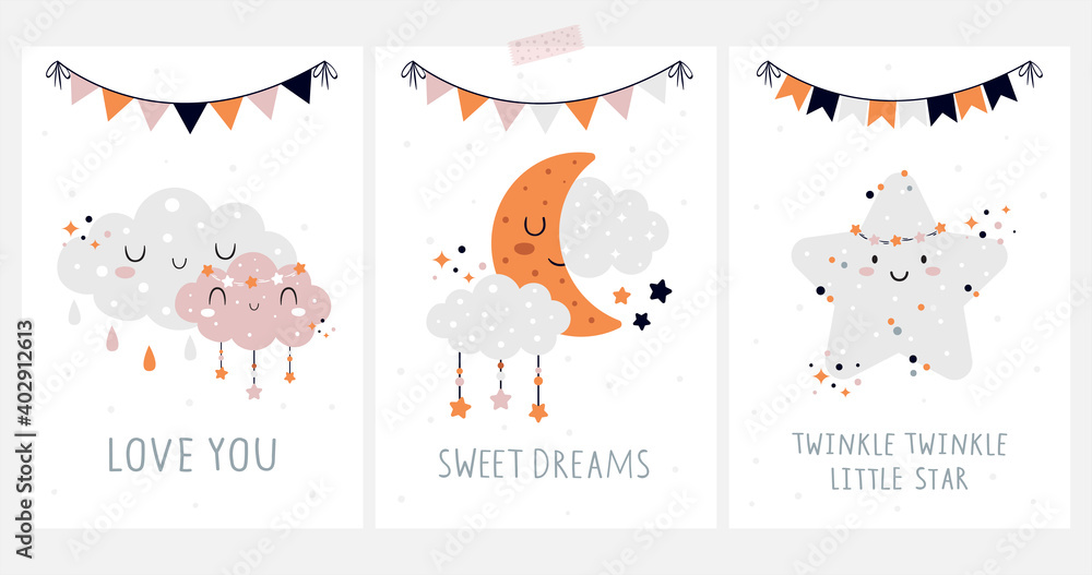 Hand drawn nursery card set. Clouds, Moon, Little star, flags. Cute baby illustrations with lettering. Love you, Sweet dreams, twinkle little star. Childish print for greeting card, poster, decoration