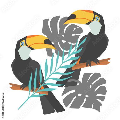Seamless decorative pattern with toucan and tropical leaves. Hand drawn images. Trend of season on White background. Vector eps 10 illustration