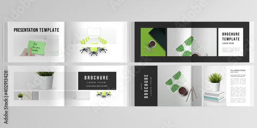 Vector layouts of horizontal presentation design templates for landscape design brochure, cover design, flyer, book design, magazine. Home office concept, study or freelance, working from home.