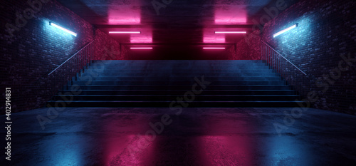 Fototapeta Naklejka Na Ścianę i Meble -  Cyber Sci Fi Neon Stairs Fluorescent Club House Laser electric Grunge Brick Walled Cement Concrete Grunge Purple Blue Vibrant Hangar Room Studio Space Realistic Background 3D Rendering