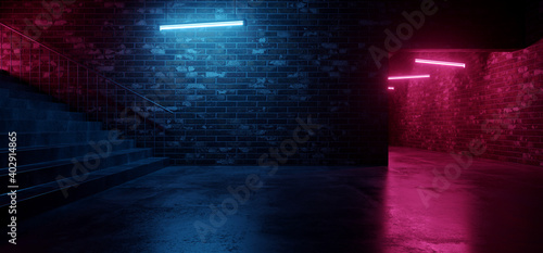 Cyber Sci Fi Neon Stairs Fluorescent Club House Laser electric Grunge Brick Walled Cement Concrete Grunge Purple Blue Vibrant Hangar Room Studio Space Realistic Background 3D Rendering