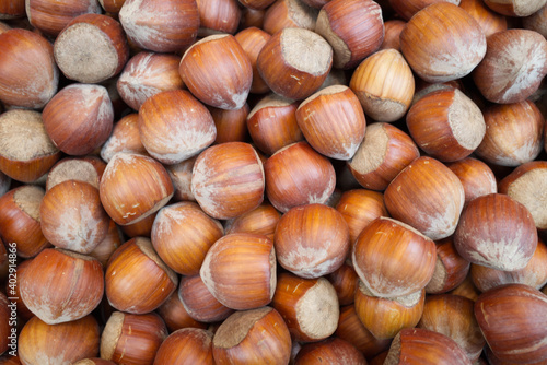 Top view, Pile of Hazelnuts background.