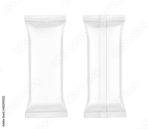 Set of hight realistic flow packaging mockups. Front and rear side. Vector illustration isolated on white background. Can be use for your design, promo, adv and etc.