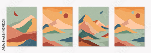 Set of creative abstract mountain landscape and mountain range backgrounds.Mid century modern vector illustrations with hand drawn mountains,sea or desert,sky,sun,moon.Trendy contemporary design.