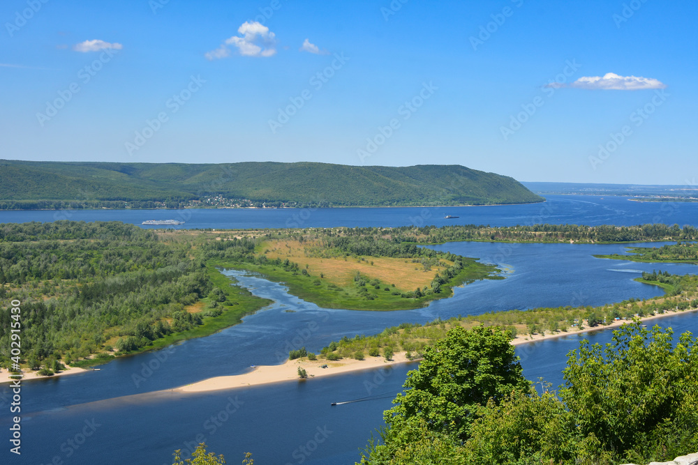Panoramic View of Volga River near Samara, Russia from helipad. Volga is the biggest river in Europe. Panoramic View of Volga River near Samara, Russia from helipad. Volga is the biggest river in Europe.