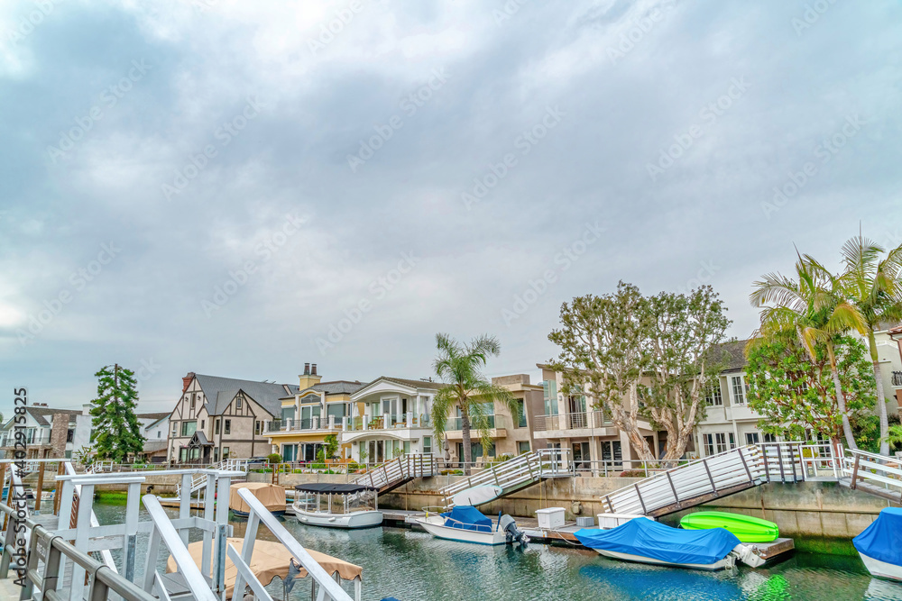 Charming community in Long Beach California with waterfront homes along a canal