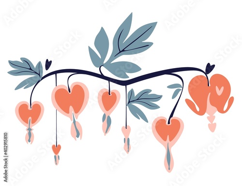 Bleeding heart flower on a white background. Bright Valentine's day concept. Trendy vector flat cartoon illustration for web banner, greeting card, invitation design.