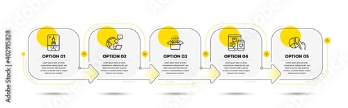 Packing boxes, Pie chart and Social media line icons set. Timeline process flowchart. Crane claw machine sign. Delivery box, Presentation graph, Mobile devices. Attraction park. Technology set. Vector