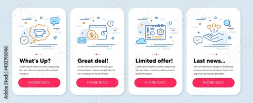 Set of line icons, such as Coffee cup, Buying accessory, Motherboard symbols. Mobile screen mockup banners. Consolidation line icons. Think bubble, Wallet with coins, Computer component. Vector
