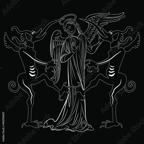 Christian angel standing between two devils. Creative concept for sin and temptation. Juxtaposition of good and evil. Black and white silhouette.