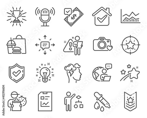 Education icons set. Included icon as Idea, Mindfulness stress, Algorithm signs. Confirmed, Microphone, Trade infochart symbols. Report document, Trophy, Shoulder strap. Chemistry pipette. Vector