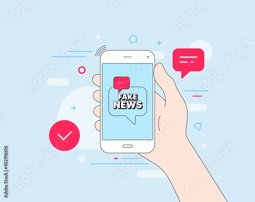 Fake news symbol. Mobile phone with offer message. Media newspaper sign. Daily information. Customer service banner. Fake news badge shape. Phone app speech bubble. Mobile help experience. Vector