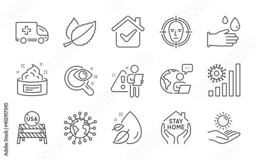 Skin cream, Coronavirus and Rubber gloves line icons set. Ambulance emergency, Usa close borders and Water drop signs. Stay home, Coronavirus statistics and Mint leaves symbols. Line icons set. Vector