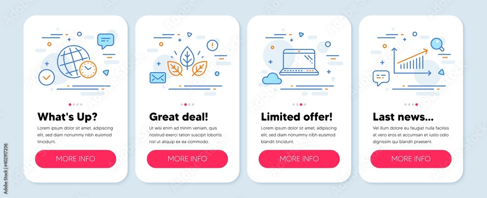 Set of Science icons, such as Organic tested, Laptop, Time zone symbols. Mobile screen mockup banners. Chart line icons. Bio ingredients, Computer, World clock. Presentation chart. Vector Set of Science icons, such as Organic tested, Laptop, Time zone symbols. Mobile screen mockup banners. Chart line icons. Bio ingredients, Computer, World clock. Presentation chart. Vector