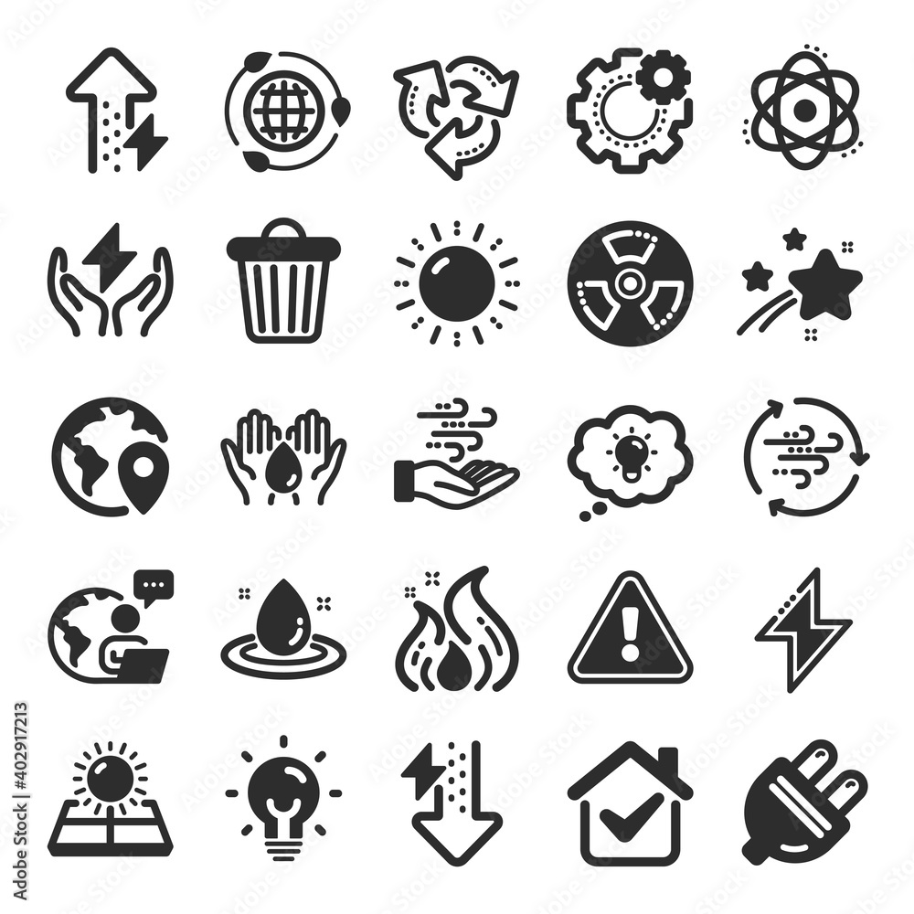 Energy icons. Solar panels, wind energy and electric thunder bolt. Fire flame, hazard, green ecology icons. Electric plug, thunderbolt, recycling trash can. Solar power. Flat icon set. Vector