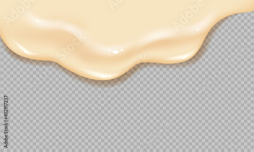 Flowing realistic liquid mayonnaise on transparent background.Spreading cheese, cream, milk, cream or yogurt.
