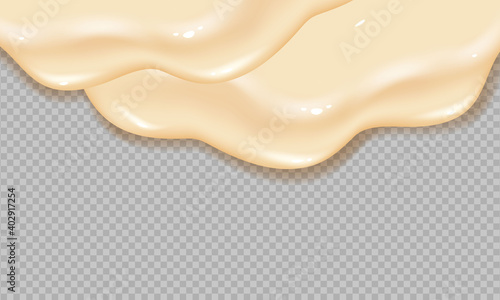 Flowing realistic liquid mayonnaise on transparent background.Spreading cheese, cream, milk, cream or yogurt.