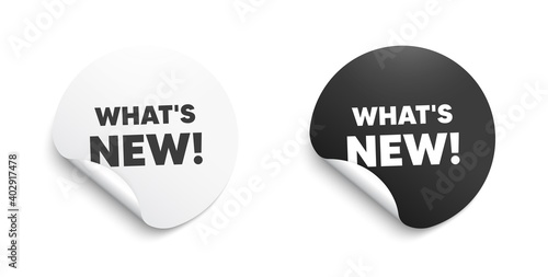 Whats new symbol. Round sticker with offer message. Special offer sign. New arrivals symbol. Circle sticker mockup banner. Whats new badge shape. Adhesive offer paper banner. Vector