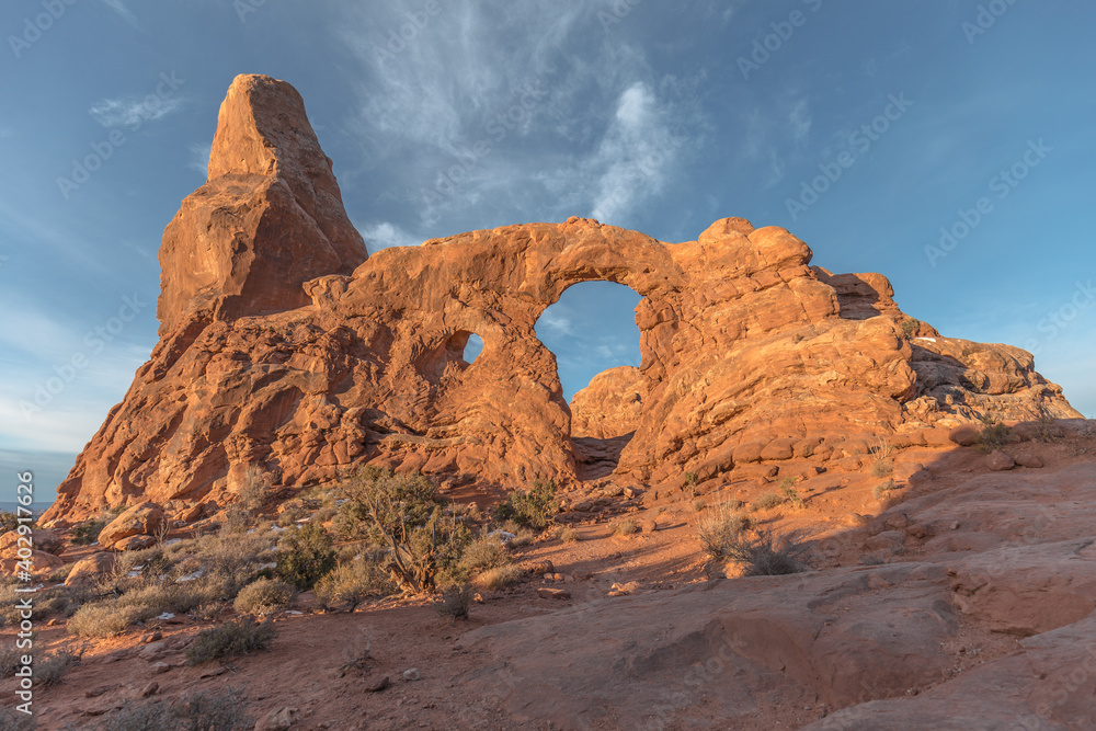 Sunrise on Turret Arch in Arches National Park, Utah. 