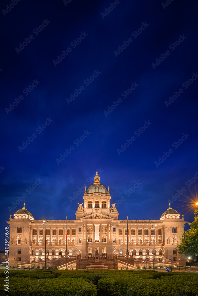 The National Museum at Wenceslav's Square during a night with blue sky in Prague, Czech Republic (Czechia), Europe
