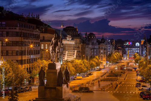 Wenceslas Square with equestrian statue of saint Vaclav in front of National Museum during a night in Prague, Czech Republic (Czechia), Europe photo