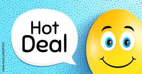 Hot deal. Easter egg with smile face. Special offer price sign. Advertising discounts symbol. Easter smile character. Hot deal speech bubble. Yellow egg background. Vector
