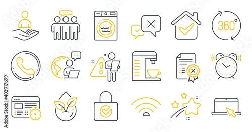 Set of Technology icons, such as Laundry, Coffee machine, Reject symbols. Employees group, Alarm clock, Web timer signs. Recruitment, Wifi, Organic product. Call center, Portable computer. Vector
