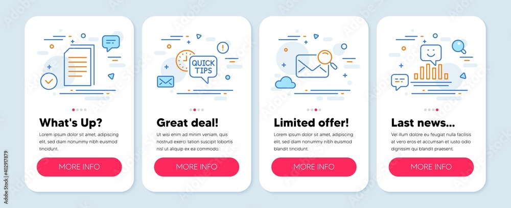 Set of Business icons, such as Copy files, Quick tips, Search mail symbols. Mobile screen app banners. Smile line icons. Copying documents, Helpful tricks, Find letter. Positive feedback. Vector