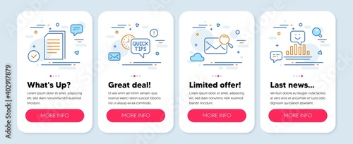 Set of Business icons, such as Copy files, Quick tips, Search mail symbols. Mobile screen app banners. Smile line icons. Copying documents, Helpful tricks, Find letter. Positive feedback. Vector