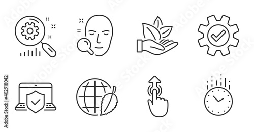 Time, Face search and Service line icons set. Laptop insurance, Search statistics and Swipe up signs. Organic product, Environment day symbols. Clock, Find user, Cogwheel gear. Vector