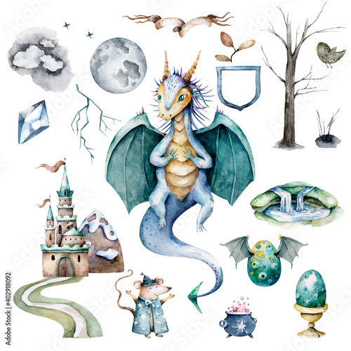 Magic fairy green dragon, castle elements and characters. Hand drawn watercolor cartoon set adventure kid illustration in white background
