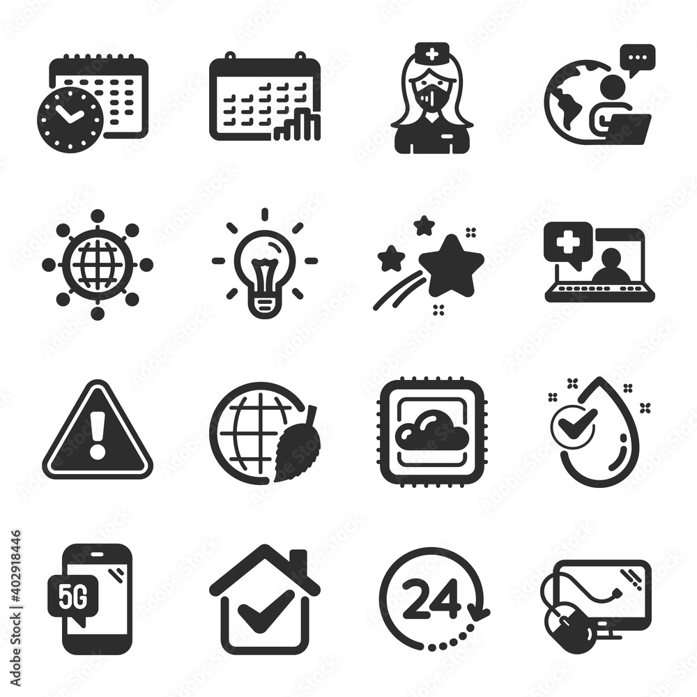 Set of Science icons, such as Nurse, Computer mouse, Cloud computing symbols. Medical help, Calendar graph, Idea signs. Calendar time, International globe, Water drop. Environment day. Vector Set of Science icons, such as Nurse, Computer mouse, Cloud computing symbols. Medical help, Calendar graph, Idea signs. Calendar time, International globe, Water drop. Environment day. Vector