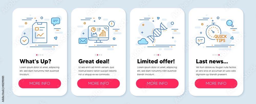 Set of Technology icons, such as Analytics graph, Report document, Chemistry dna symbols. Mobile screen mockup banners. Quick tips line icons. Growth report, Statistics file, Chemical formula. Vector