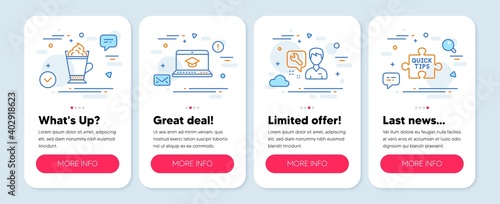 Set of Business icons, such as Repairman, Website education, Latte coffee symbols. Mobile screen banners. Quick tips line icons. Repair service, Video learning, Hot drink with whipped cream. Vector
