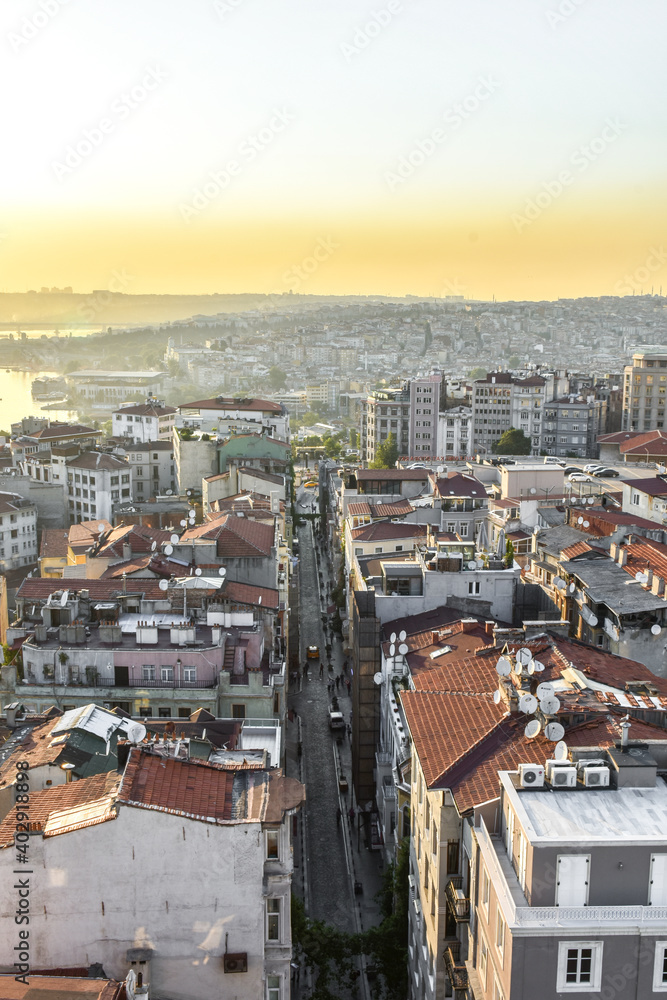 Panoramic view  of Golden Horn  with many apartments from Galata tower, Istanbul, Turkey. Urban crowded city landscape concept