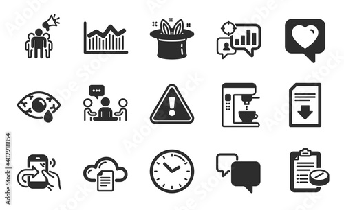 Seo statistics, Money diagram and File storage icons simple set. Medical prescription, Speech bubble and Coffee maker signs. People chatting, Share call and Heart symbols. Flat icons set. Vector