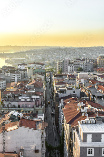 Panoramic view of Golden Horn with many apartments from Galata tower, Istanbul, Turkey. Urban crowded city landscape concept