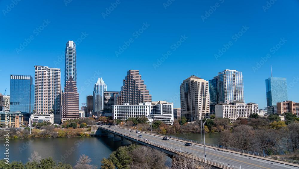 View of Downtown Austin Texas With Clear Blue Skies in Winter Day View of Downtown Austin Texas With Clear Blue Skies in Winter Day