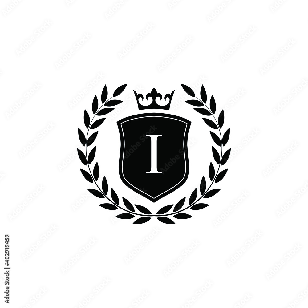 Letter I laurel wreath template logo Luxury shield letter with crown. Monogram alphabet . Beautiful royal initials letter. Letter I laurel wreath template logo Luxury shield letter with crown. Monogram alphabet . Beautiful royal initials letter.