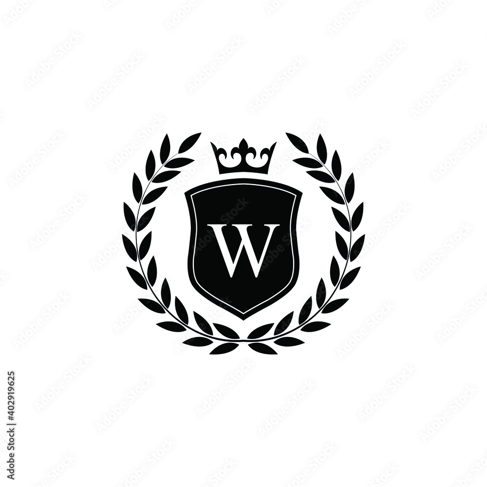 Letter W laurel wreath template logo Luxury shield letter with crown. Monogram alphabet . Beautiful royal initials letter. Letter W laurel wreath template logo Luxury shield letter with crown. Monogram alphabet . Beautiful royal initials letter.