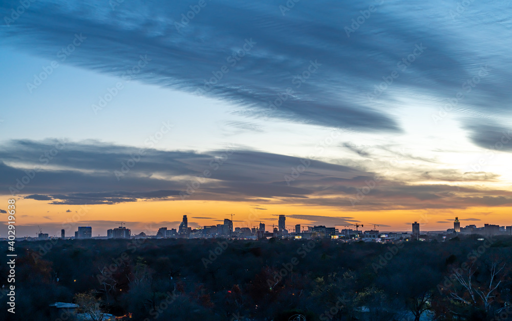 View of Austin Skyline During Sunset With Some Clouds in the Skies