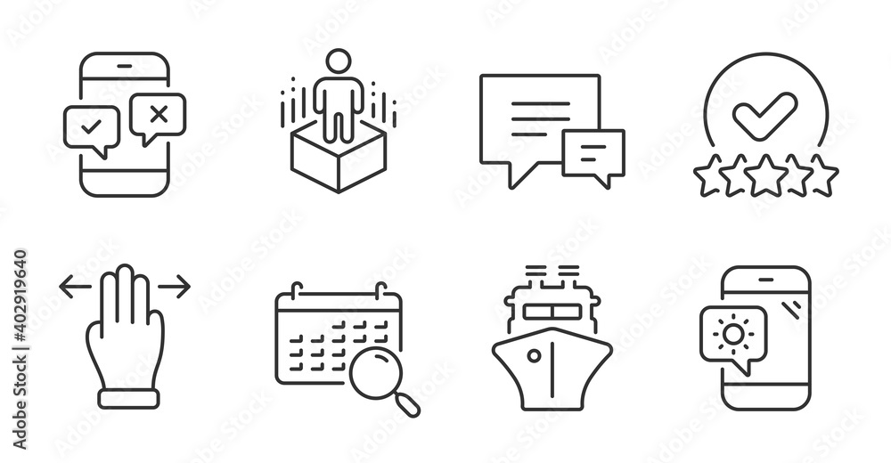 Search calendar, Ship and Multitasking gesture line icons set. Phone survey, Augmented reality and Weather phone signs. Rating stars, Comment symbols. Find date, Shipping watercraft, Swipe. Vector Search calendar, Ship and Multitasking gesture line icons set. Phone survey, Augmented reality and Weather phone signs. Rating stars, Comment symbols. Find date, Shipping watercraft, Swipe. Vector