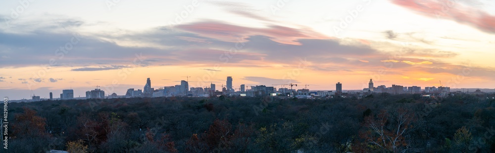 Wide Angle View of Downtown Austin Texas Skyline During Cloudy Sunset