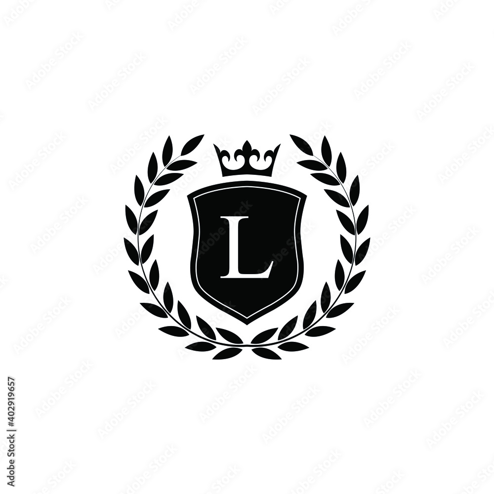 Letter L laurel wreath template logo Luxury shield letter with crown. Monogram alphabet . Beautiful royal initials letter. Letter L laurel wreath template logo Luxury shield letter with crown. Monogram alphabet . Beautiful royal initials letter.