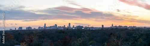 Wide Angle View of Downtown Austin Texas Skyline During Cloudy Sunset © porqueno