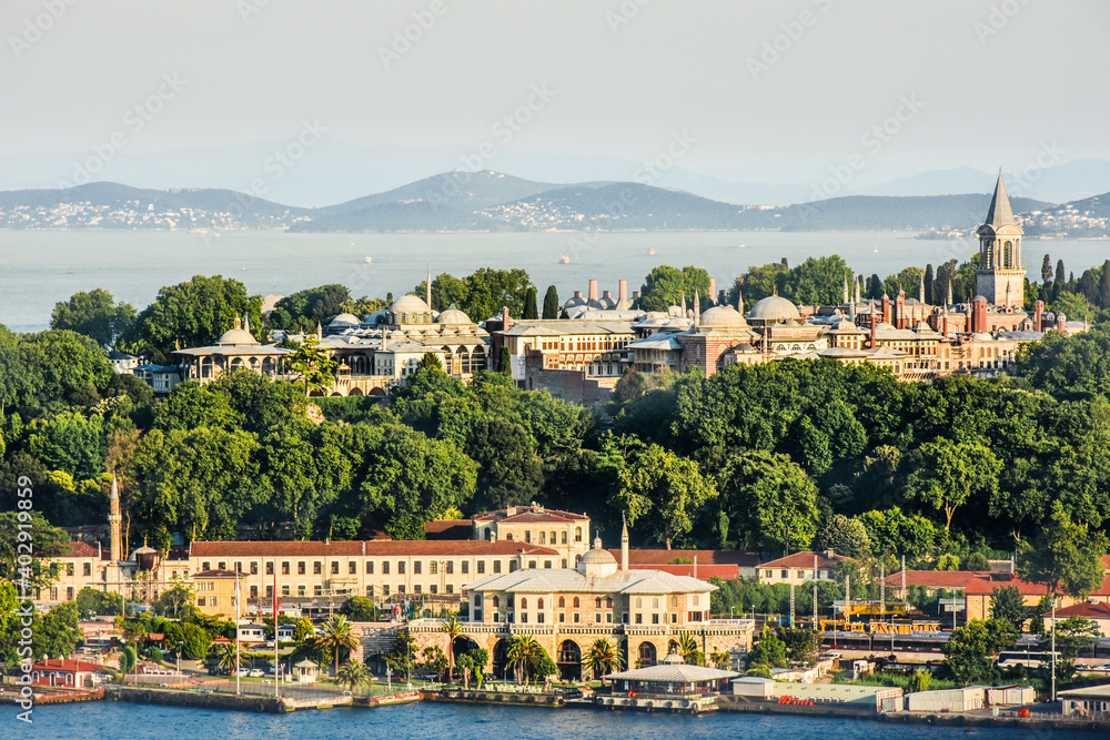 Panoramic view  of Golden Horn with Topkapi palace from Galata tower, Istanbul, Turkey
