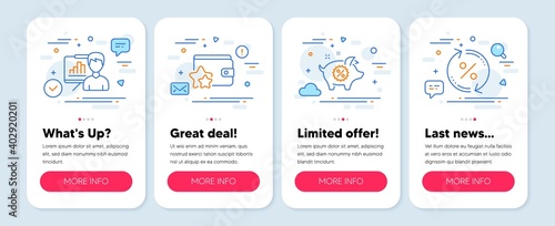 Set of Finance icons, such as Loyalty program, Piggy sale, Presentation board symbols. Mobile app mockup banners. Loan percent line icons. Bonus wallet, Discounts, Growth chart. Change rate. Vector