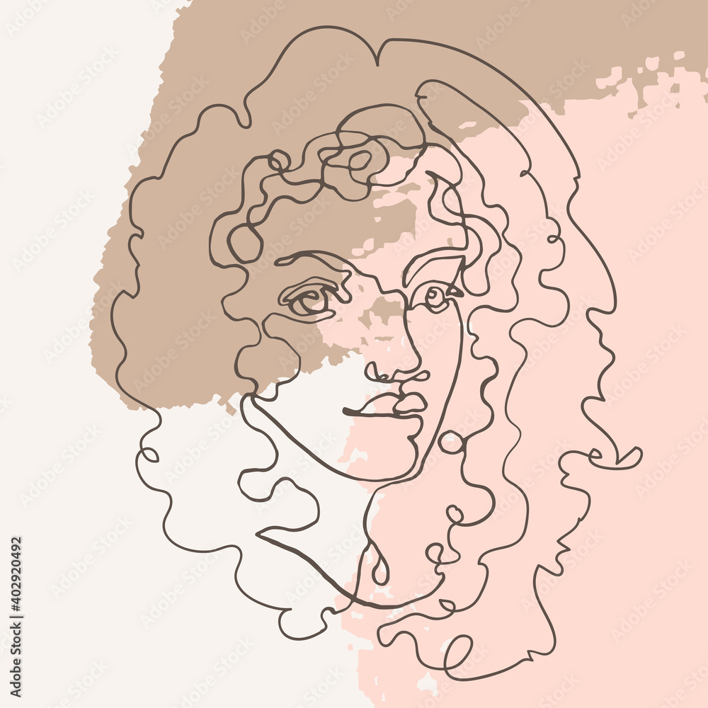 Vector outline illustration of woman on abstract background with blob shapes. One line drawing. Greeting card, poster, banner, social media post, fashion print, invitation, brochure Vector outline illustration of woman on abstract background with blob shapes. One line drawing. Greeting card, poster, banner, social media post, fashion print, invitation, brochure