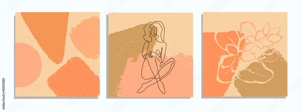 Vector set of collage modern poster with abstract shapes and one line illustrations of women body. For posters, textile print, greeting card template, social media post, banner, invitation, brochure Vector set of collage modern poster with abstract shapes and one line illustrations of women body. For posters, textile print, greeting card template, social media post, banner, invitation, brochure
